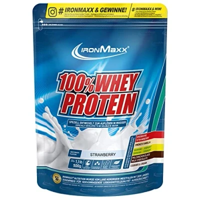 Abbildung von IronMaxx 100% Whey Protein Pulver Erdbeere 500g Beutel zuckerreduziertes, wasserlösliches Eiweißpulver aus Molkenprotein viele verschiedene Geschmacksrichtungen