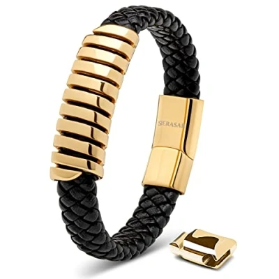 Abbildung von SERASAR Lederarmband Herren 23cm Gold Männer Armband Leder Armreif Lederband Herrenarmreif Armschmuck Schmuck Herrenschmuck Flecht Wickelarmband Kette Leather Bracelet