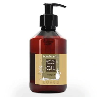 Abbildung von 100% reines, natürliches und kaltgepresstes Bio Premium Sesamöl (Sesamsamenöl). Zertifiziert biologisch aus biologischen Sesamsamen extrahiert, Naturkosmetik für Zuhause 500 ml