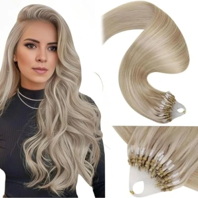 Abbildung von LaaVoo Microring Extensions Echthaar Blond 1g/s Aschblond Highlighted Micro Bead Remy 50g 35cm #P18/613