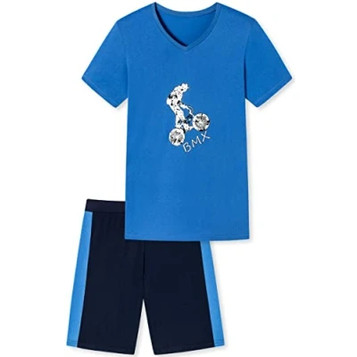 Abbildung von Jungen Schlafanzug kurz, weicher Single Jersey aus 100% Baumwolle und Hose in Bermuda Form mit BMX Motiv, blau Grösse 140