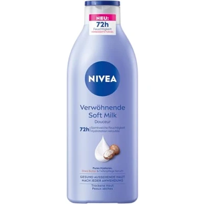 Abbildung von NIVEA Verwöhnende Soft Milk, Body Milk für trockene Haut mit Tiefenpflege Serum, Feuchtigkeitspflege Shea Butter und 100% purem Hyaluron (400 ml)