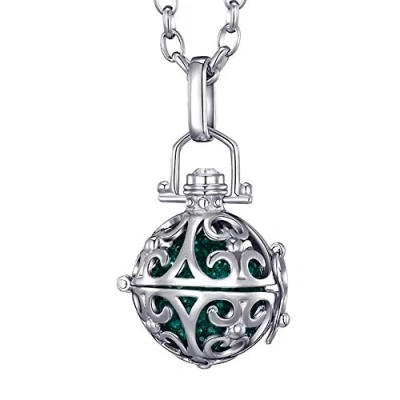 Abbildung von Morella Damen Halskette Edelstahl 70 cm mit Ornament Anhänger und Klangkugel dunkelgrün Ø 16 mm in Schmuckbeutel