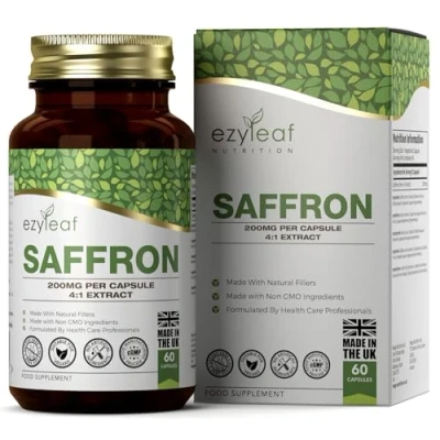 Abbildung von Ezyleaf Safran Nahrungsergänzungsmittel 60 Hochdosierte Kapseln 200mg Extrakt pro Portion Gentechnik , Gluten und Allergenfreies Saffron Hergestellt in Großbritannien