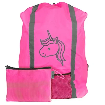 Abbildung von EAZY CASE Rucksack Schulranzen Regenschutz, Schutzhülle mit Reflektorstreifen, Regenüberzug, Regenschutzhülle wasserabweisend Reflektor und Tasche, mehr Sicherheit im Straßenverkehr, Einhorn Pink