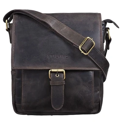 Abbildung von STILORD &#039;Nevio&#039; Herrentasche Leder Umhängetasche kleine Messenger Bag elegante Handtasche im Vintage Design Schultertasche für 10.1 Zoll Tablet iPad echtes Leder, Farbe:dunkel braun