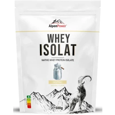 Abbildung von AlpenPower Native Whey Protein ISOLAT Neutral 500 g 100% natürliche Zutaten, ohne Süßstoffe Hochwertiges CFM Eiweißpulver aus bester Alpenmilch