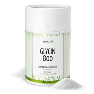 Abbildung von Sanuvit® Glycin 800 mg 180 Kapseln Hohe Bioverfügbarkeit und Verträglichkeit Vegan Hochdosiert Hergestellt in Österreich