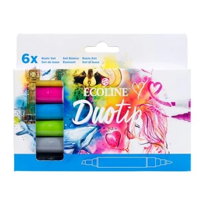 Abbildung von Ecoline Duotip flüssige Aquarellstifte 6er Set Grundfarben Stifte mit feiner Kugelspitze und breiter Keilspitze