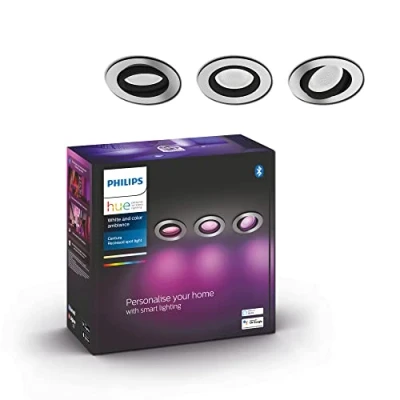 Abbildung von Philips Hue White &amp; Color Ambiance Centura runde Einbauspots 3 er Pack, dimmbare Deckenlampen für das Lichtsystem mit 16 Mio. Farben, smarte Lichtsteuerung über Sprache und App, aluminium