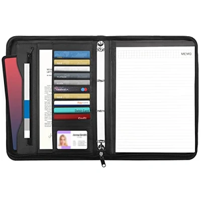 Abbildung von Kurtzy Schwarze Kunstleder Reißverschluss Schreibmappe A4 Professionelle Konferenzmappe Dokument Tasche, Schreibblock, Kartenhalter &amp; Tablet Tasche