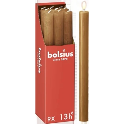 Abbildung von Bolsius Rustik Stabkerzen Hellbraun 9 Stück 27 x 2.3 cm Länge Brenndauer 13 Stunden Unparfümierte Enthält Natürliches Pflanzenwachs Ohne Palmöl