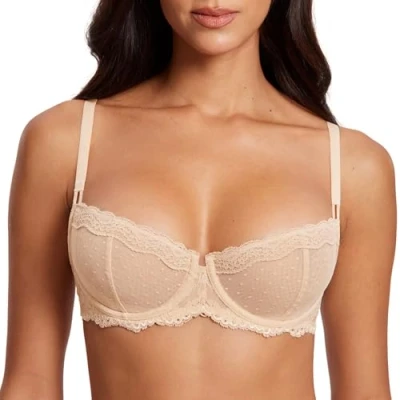 Abbildung von DOBREVA Balconette BH Damen mit Bügel Push Up Dirndl Spitze BHS Sexy Grosse Grössen Ungefüttert Beige 85F