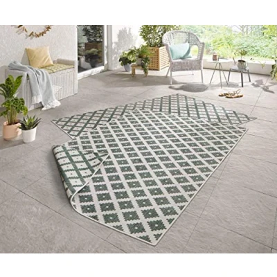 Abbildung von NORTHRUGS Outdoor Teppich Nizza Wendeteppich Wetterfest Modernes Geometrisches Muster Läufer für Balkon Terrasse Garten Wintergarten Wohnzimmerteppich Wasserfest in Grün Creme, Polypropylen, 80x150cm