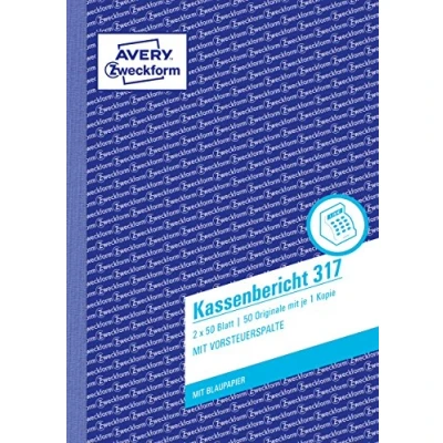 Abbildung von AVERY Zweckform 317 Kassenbericht (A5, 2x50 Blatt, 1 Blatt Blaupapier, retrograde Ermittlung der Tageseinnahmen, von Rechtsexperten geprüft, für DE/AT, zur ordnungsgemäßen Buchführung) weiß/gelb