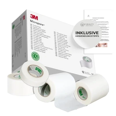Abbildung von 3M Micropore Tape 5x Weiß mit Anwendungstipps by P Beauty für Wimpernverlängerung, medizinisches Vliespflaster Latexfrei, Hypoallergen, Atmungsaktiv, Wasserfest Wimpern (1,25cm x 9,14m)