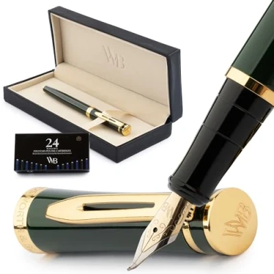 Abbildung von Wordsworth &amp; Black Füllfederhalter Set, gebogene Feder, inklusive 24 Tintenpatronen, Tintennachfüllkonverter Geschenkbox, Kalligraphie, [Rennsport Grün], Perfekt für Männer Frauen