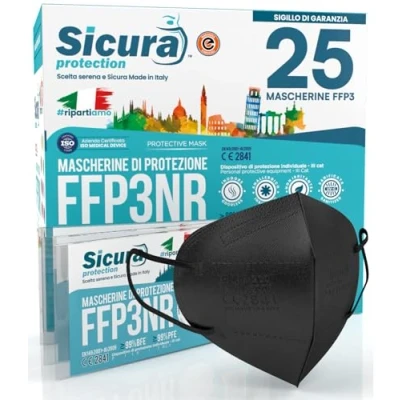 Abbildung von 25x FFP3 Masken Schwarz Made in Italy mit Aufgedrucktem SICURA Logo PFE ≥99% BFE SANIFIZIERT und Einzeln Versiegelt