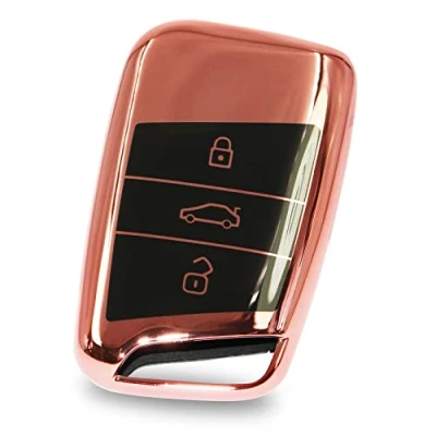 Abbildung von Autoschlüssel Hülle für 3 Tasten Auto Schlüssel TPU Schutzhülle Chrom Hochglanz Schlüsselhülle Cover Kfz Zubehör VD (Chrom Rosegold)
