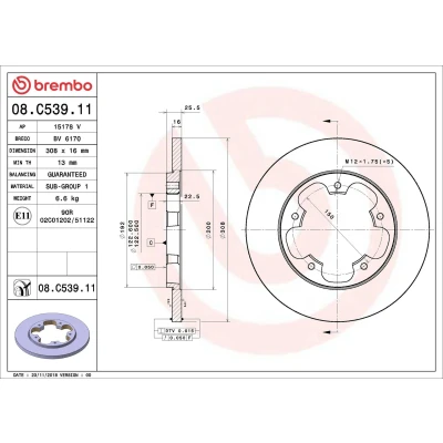 Abbildung von BREMBO 08.C539.11 Bremsscheibe 308 16 5 voll beschichtet FORD: Transit V363 Van, Mk6 Minibus, Minibus