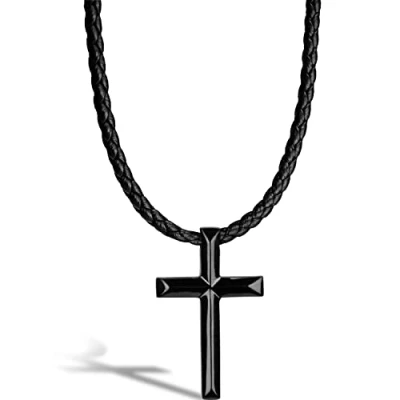 Abbildung von SERASAR Lederkette Herren mit Kreuz Anhänger 50cm schwarz Lederkordelkette Schmuckschatulle für Echtleder Geschenk Schmuckband