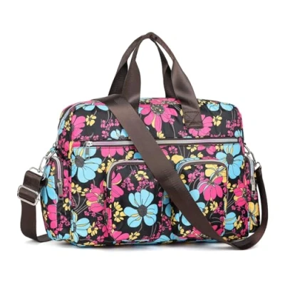 Abbildung von KONO Damen leichte Handtasche, Wasserdichte Umhängetasche mit Blumenmuster, Groß Henkeltasche für Frauen, Multifunktionale Schultertasche Reisen, Shopper, Arbeit(Schwarz)