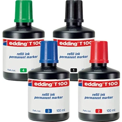 Abbildung von edding T100 Permanentmarker Nachfülltinte Alle 4 Farben Inhalt: 4x 100ml Tusche für Permanent Marker (auch EcoLine)