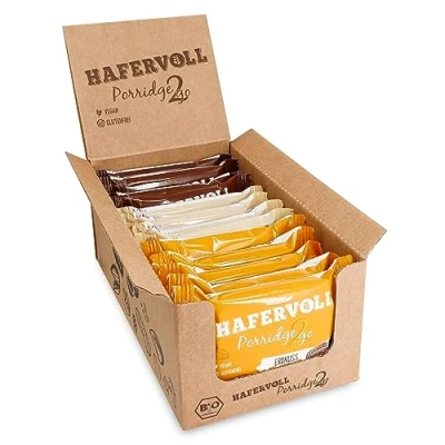 Abbildung von HAFERVOLL Porridge2go Mixbox, 3 Riegel: Sorten Erdnuss, Haselnuss und Mandel Kokos, 13 x 55g Müsliriegel, Bio zertifiziert, Vegan, ohne Zusatz von Zucker, mit Nussmus