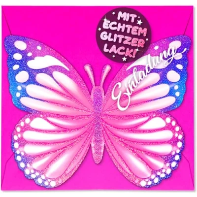Abbildung von 12x GLITZER Schmetterling EINLADUNGSKARTEN KINDERGEBURTSTAG Mädchen Junge + Umschläge die Butterfly PARTY Karten sind EINLADUNG Kinder GEBURTSTAG Jungen Geburtstagsparty