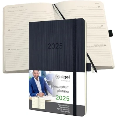 Abbildung von SIGEL C2524 Terminplaner Wochennotiz Kalender 2025, ca. A5, schwarz, Softcover, 192 Seiten, Gummiband, Stiftschlaufe, Archivtasche, aus nachhaltigem Papier, Conceptum