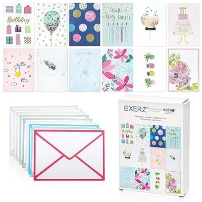Abbildung von EXERZ 12 Verschiedene Grußkarten im Multipack für alle Anlässe handgefertigt individuelle Designs Geburtstag, Dankeschön, Muttertag und unbeschriftet. Jede Karte ist einzigartig.