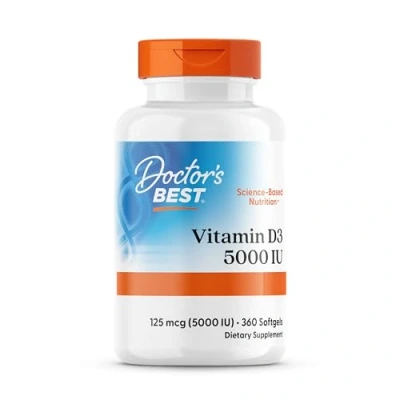 Abbildung von Doctor&#039;s Best, Vitamin D3, 5.000 IU, Hochdosiert, Depot Wochendosis, 360 Weichkapseln, Laborgeprüft, Sojafrei, Glutenfrei, Ohne Gentechnik
