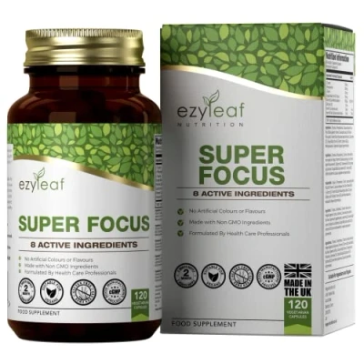 Abbildung von Ezyleaf Super Fokus L Tyrosin 750mg, Ginkgo Biloba, Taurin, Vitamin B12 Methylcobalamin 120 Vegane, Hochdosierte Kapseln mit Coenzym Q10, Phenylalanin Koffeinfrei, Allergenfrei
