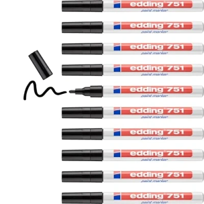 Abbildung von edding 751 Lackmarker schwarz 10 Stifte Rundspitze 1 2 mm Lackstift zur Markierung und Beschriftung von Metall, Glas, Stein oder Kunststoff hitzebeständig, permanent, wischfest