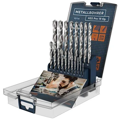Abbildung von Presch Metallbohrer Set HSS Pro 19 tlg Präzisionsgeschliffenes, gehärtetes Profi Stahlbohrer für Stahl, Alu, Kupfer und Messing Langlebiger Metall Bohrersatz in Profiqualität