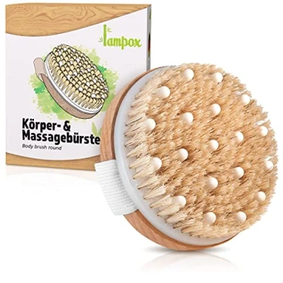 Abbildung von lampox Massagebürste, Körperbürste Naturborsten, Trockenbürste Körper Peeling Bürste, Cellulite Badebürste, Dry Brush, Massage Trockenmassage Bürste