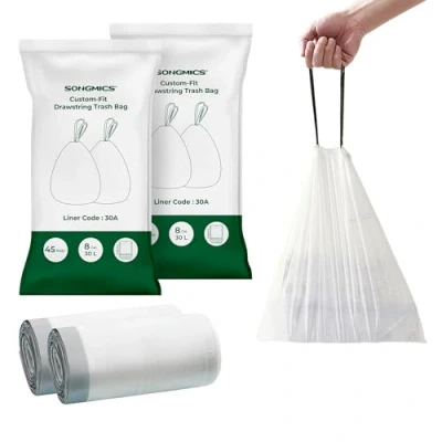 Abbildung von SONGMICS Müllbeutel mit Kordelzug, 30 l, Code A, nach Maß, 2 Rollen, 90 Stück, Weiß KRB30A02