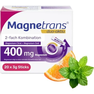 Abbildung von Magnestrans Duo Aktiv 400mg Magnesiumgranulat zur Einnahme ohne Flüssigkeit mit der 2 fach Kombination Magnesium Citrat und Oxid 1 x 20 Sticks