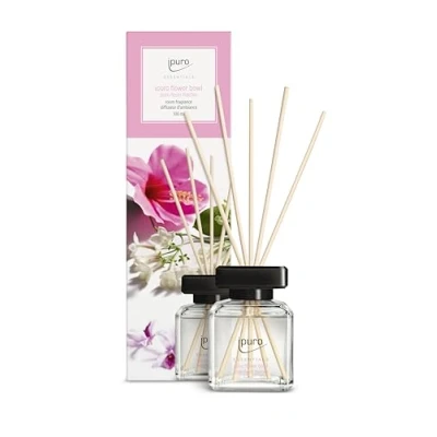 Abbildung von ipuro Essentials Raumduft Flower Bowl 100ml Raumerfrischer mit Blumenduft, Mandarine, Bergamotte, Jasmin, Veilchen &amp; Zedernholz Duft Aroma Diffuser Stäbchen Lufterfrischer für die Wohnung