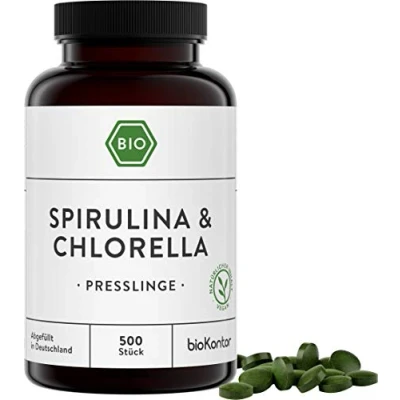 Abbildung von Spirulina + Chlorella Presslinge BIO 500 Tabletten 100% natürlich ohne Zusätze 400 mg je Tablette bioKontor