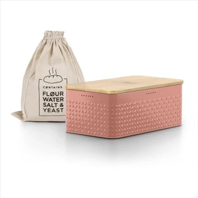 Abbildung von LARS NYSØM Brotkasten I Brotbox aus Metall mit Brotsack Leinen für langanhaltende Frische Brotdose hochwertigem Bambusdeckel verwendbar als Schneidebrett 34x18,5x13,5cm (Brick Red)