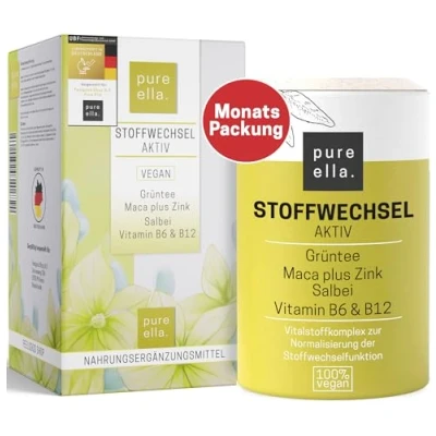 Abbildung von Pure Ella STOFFWECHSEL AKTIV Bei Stoffwechselkur für Frau ab 50 Grüntee, Salbei, Maca, Zink, Chrom, Kupfer, Vitamin B6, B12 &amp; D3 Natürlich, Vegan, Hochdosiert, Hormonfrei 60 Kapseln