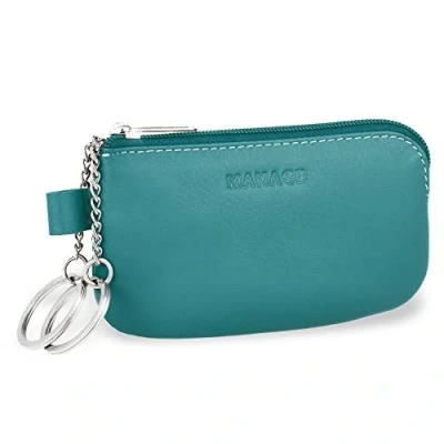Abbildung von MANAGE Leder Schlüsseletui Türkis mit Münzfach und Schlüsselring Schlüsselmäppchen Reißverschluss Damen Herren für Schlüssel Autoschlüssel keychain Schlüsseltasche