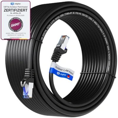 Abbildung von HB DIGITAL 60m CAT 6a Outdoor Netzwerkkabel Patchkabel LAN Kabel IP66 GHMT Zertifiziert RJ45 Ethernet S/FTP PiMF 10 Gbit/s AWG 26 für Außen &amp; Innenbereich wasserdicht Schwarz