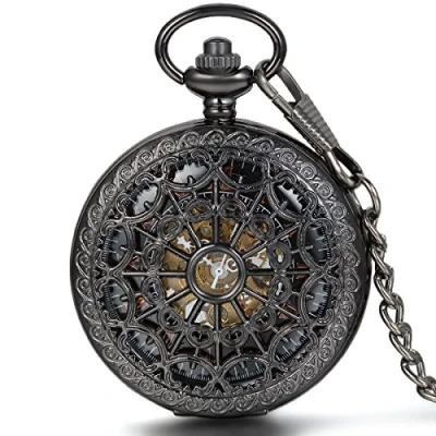 Abbildung von JewelryWe Herren Taschenuhr Retro Spinnennetz Design Handaufzug mechanische Kettenuhr Skelett Uhr mit Halskette Kette Umhängeuhr Schwarz