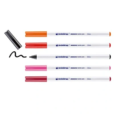 Abbildung von edding 4600 Textilstift schwarz, rot, orange, pink, karmin rot 5 Stück Rundspitze 1 mm Textilstifte waschmaschinenfest (60 C) zum Stoff bemalen Stoffmalstift