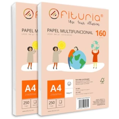 Abbildung von Packung mit 500 weißen DIN A4 Blättern, 160g Druckerpapier. Multifunktionales Kopierpapier für Schule und Büro. Ideal Laserdrucker, Tintenstrahldrucker oder Kopierer Ofituria