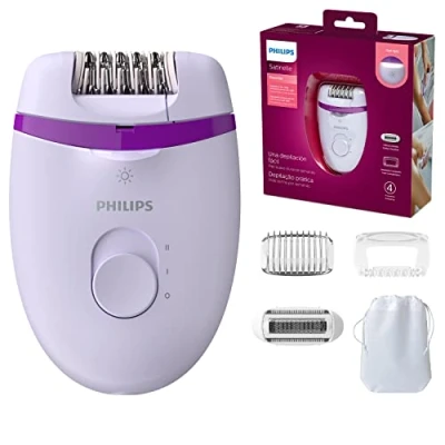 Abbildung von Philips Satinelle Essential Compact Epilierer BRE275/00 Epilieren leicht gemacht, glatte Haut wochenlang, für Beine und empfindliche Breiche, mit Opti Light, inkl. 4 Zubehörteile, lila