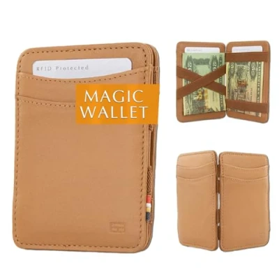 Abbildung von Hunterson Flacher Geldbeutel Fuer Herren aus Leder, Magic Wallet mit RFID Schutz, Geldboerse Platz 8 Karten, Cognac