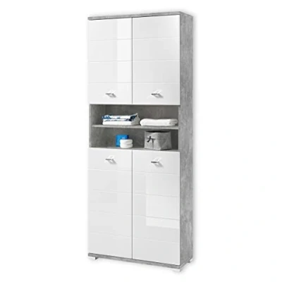 Abbildung von Stella Trading Badezimmer Hochschrank in Beton Optik, Weiß Moderner Badezimmerschrank Bad Schrank mit viel Stauraum 76 x 190 31 cm (B/H/T)